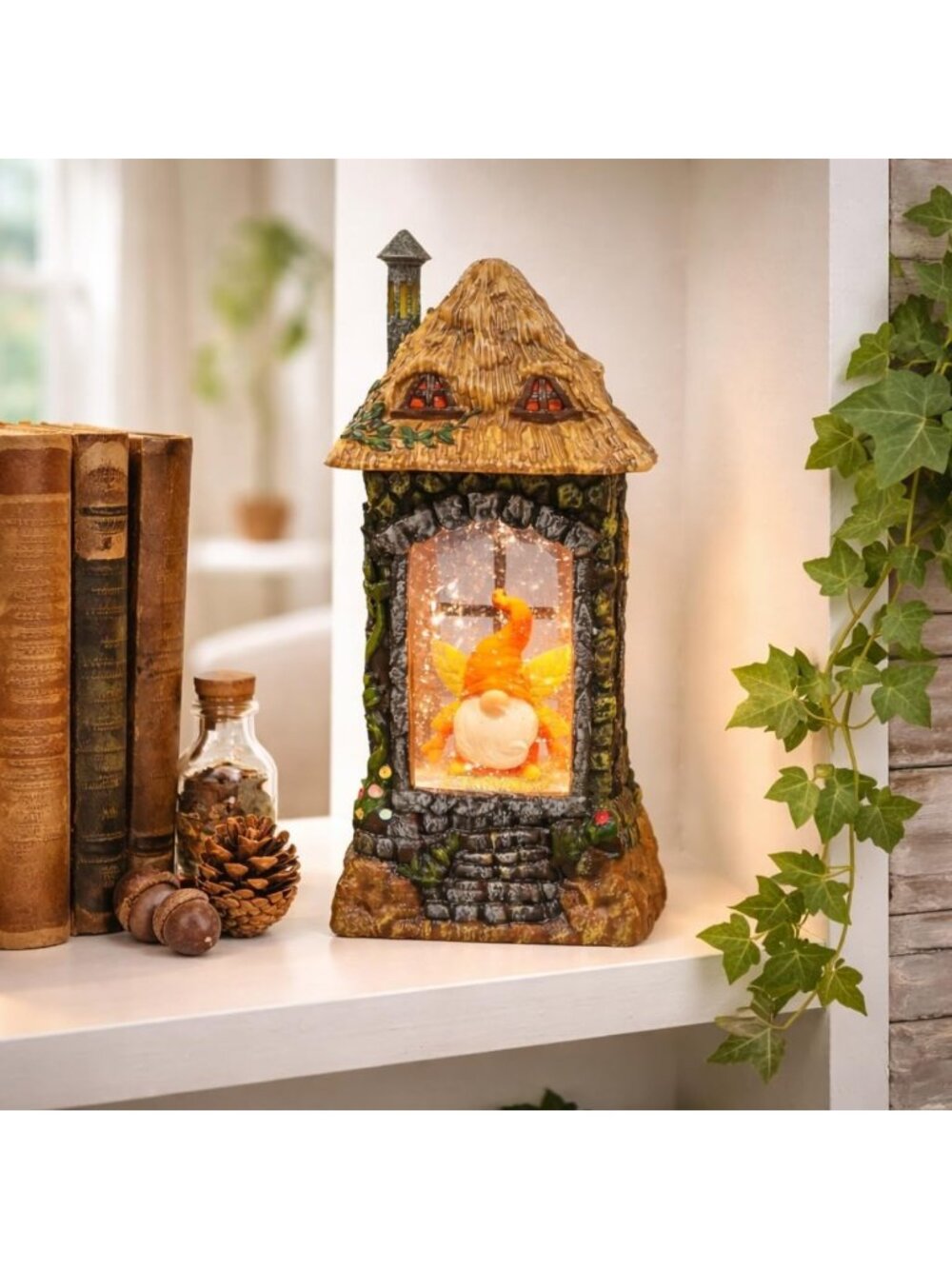 LED Acrylic Gnome House Lantern - Light-Up Water Spinning Fall Decor Accent